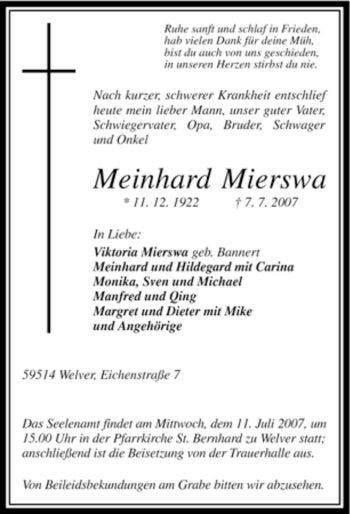 Traueranzeige von Meinhard Mierswa von Tageszeitung