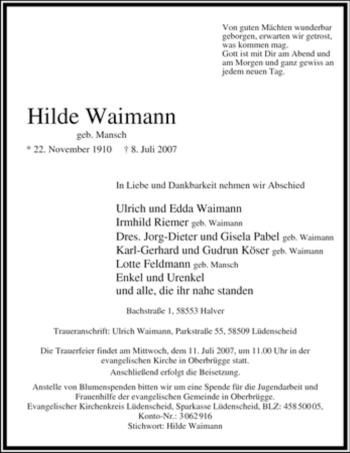 Traueranzeige von Hilde Waimann von Tageszeitung