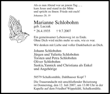 Traueranzeige von Marianne Schlobohm von Tageszeitung