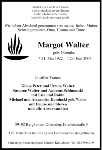 Traueranzeige von Margot Walter von Tageszeitung