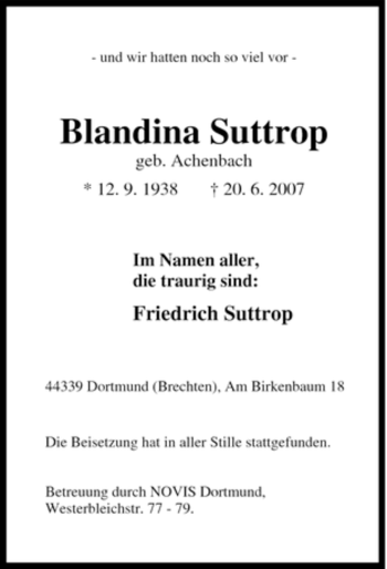 Traueranzeige von Blandina Suttrop von Tageszeitung