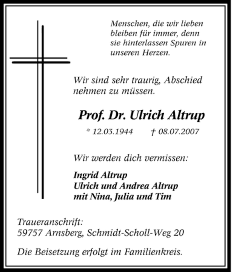  Traueranzeige für Ulrich Altrup vom 11.07.2007 aus Tageszeitung
