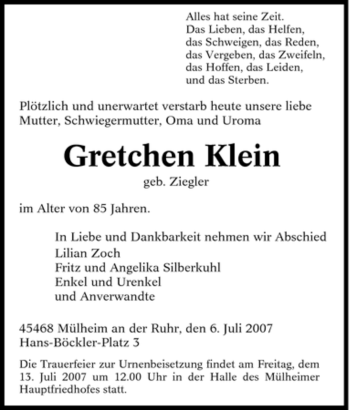 Traueranzeige von Gretchen Klein von Tageszeitung