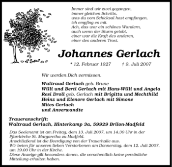 Traueranzeige von Johannes Gerlach von Tageszeitung