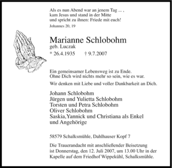 Traueranzeige von Marianne Schlobohm von Tageszeitung