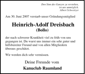Traueranzeige von Heinrich-Adolf Dreisbach von Tageszeitung