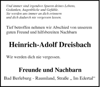 Traueranzeige von Heinrich-Adolf Dreisbach von Tageszeitung