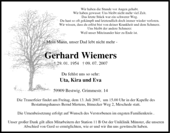Traueranzeige von Gerhard Wiemers von Tageszeitung