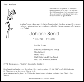 Traueranzeige von Johann Send von Tageszeitung