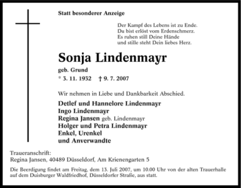 Traueranzeige von Sonja Lindenmayr von Tageszeitung