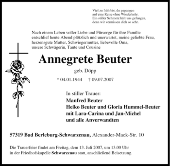 Traueranzeige von Annegrete Beuter von Tageszeitung