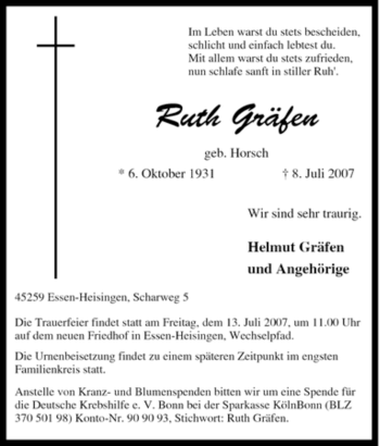 Traueranzeige von Ruth Gräfen von Tageszeitung