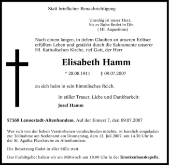 Traueranzeige von Elisabeth Hamm von Tageszeitung