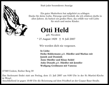 Traueranzeige von Otti Held von Tageszeitung