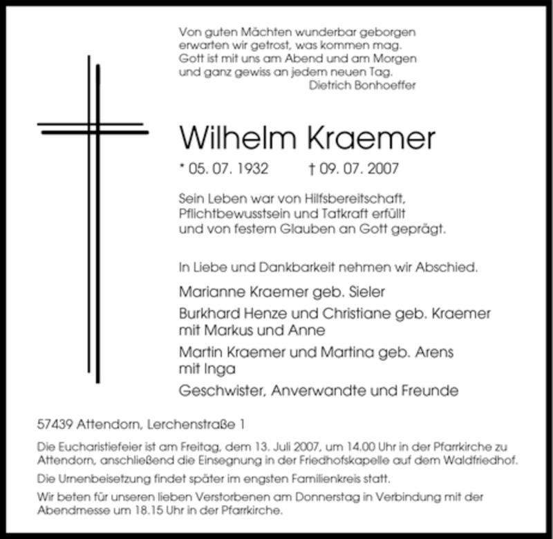  Traueranzeige für Wilhelm Kraemer vom 11.07.2007 aus Tageszeitung