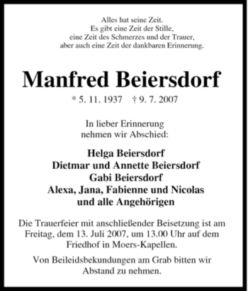 Traueranzeige von Manfred Beiersdorf von Tageszeitung