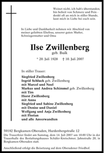Traueranzeige von Ilse Zwillenberg von Tageszeitung