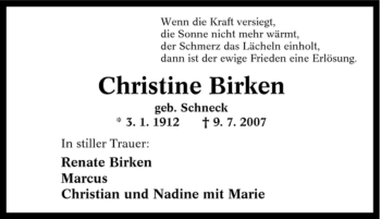 Traueranzeige von Christine Birken von Tageszeitung