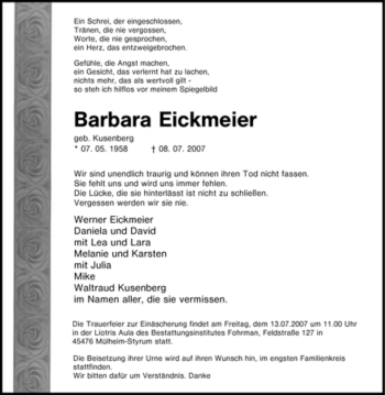 Traueranzeige von Barbara Eickmeier von Tageszeitung