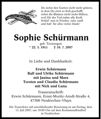 Traueranzeige von Sophie Schürmann von Tageszeitung
