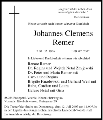 Traueranzeige von Johannes Clemens Remer von Tageszeitung