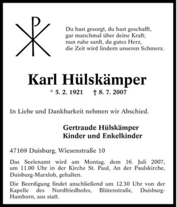 Traueranzeige von Karl Hülskämper von Tageszeitung