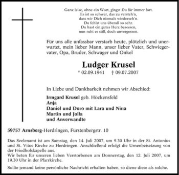 Traueranzeige von Ludger Krusel von Tageszeitung