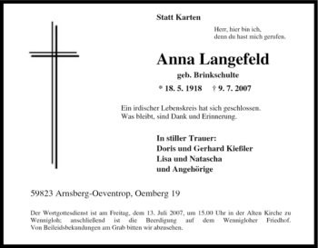 Traueranzeige von Anna Langefeld von Tageszeitung