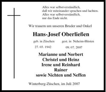 Traueranzeige von Hans-Josef Oberließen von Tageszeitung