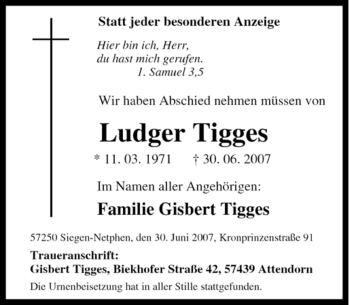 Traueranzeige von Ludger Tigges von Tageszeitung