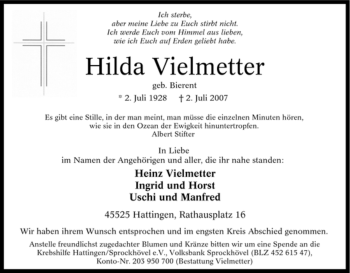 Traueranzeige von Hilda Vielmetter von Tageszeitung
