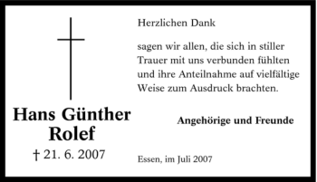 Traueranzeige von Hans Günther Rolef von Tageszeitung