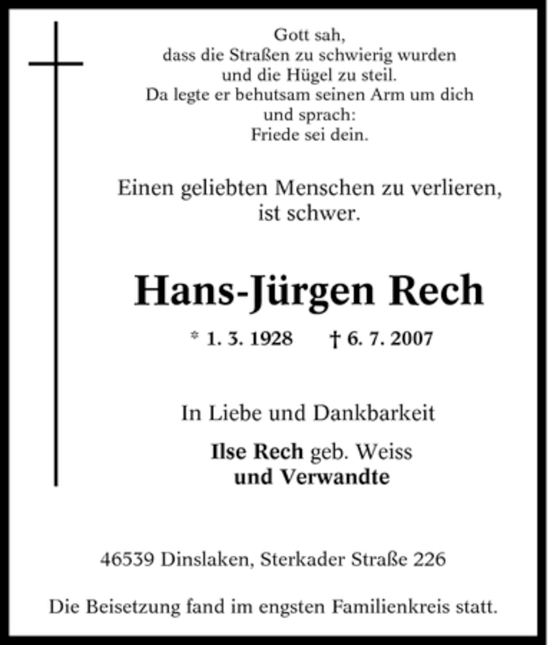  Traueranzeige für Hans-Jürgen Rech vom 12.07.2007 aus Tageszeitung