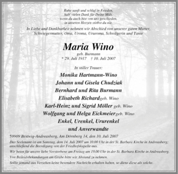 Traueranzeige von Maria Wino von Tageszeitung