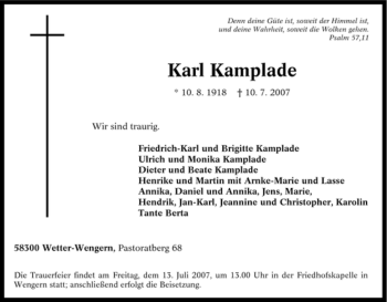 Traueranzeige von Karl Kamplade von Tageszeitung