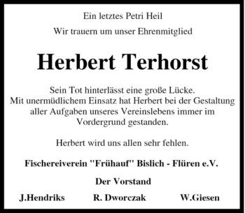 Traueranzeige von Herbert Terhorst von Tageszeitung