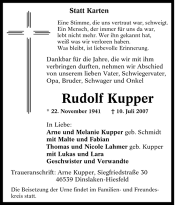 Traueranzeige von Rudolf Kupper von Tageszeitung
