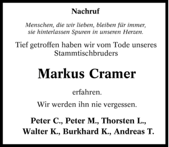 Traueranzeige von Markus Cramer von Tageszeitung