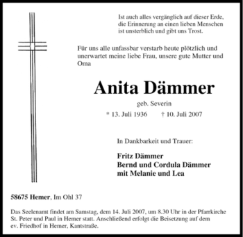 Traueranzeige von Anita Dämmer von Tageszeitung