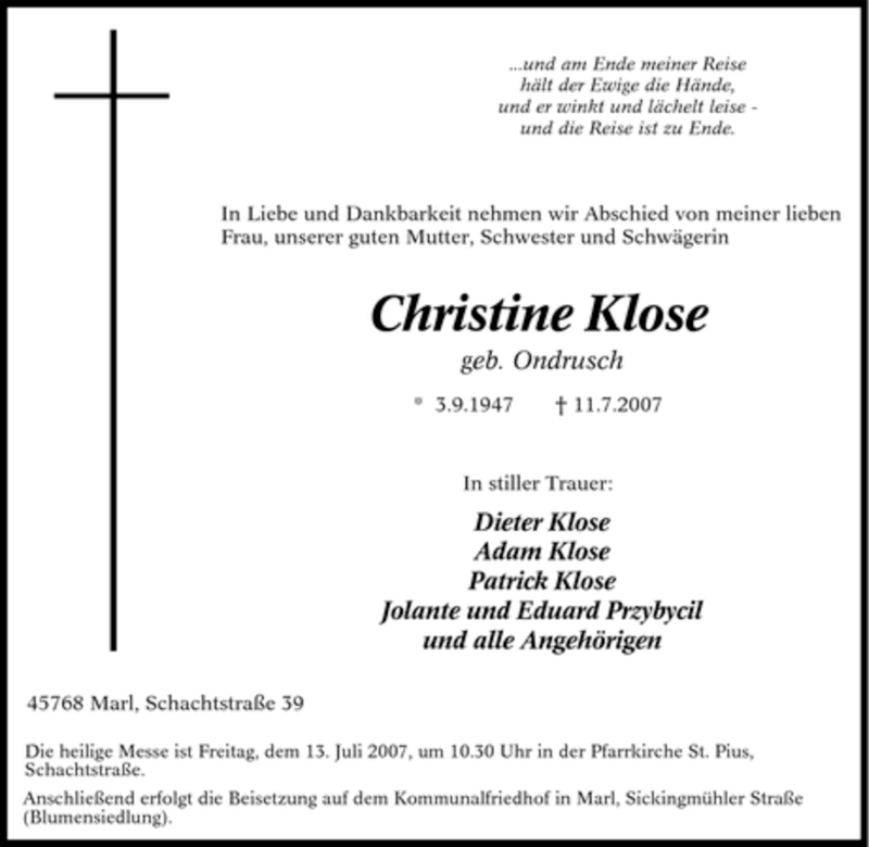  Traueranzeige für Christine Klose vom 12.07.2007 aus Tageszeitung