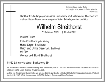 Traueranzeige von Wilhelm Streithorst von Tageszeitung
