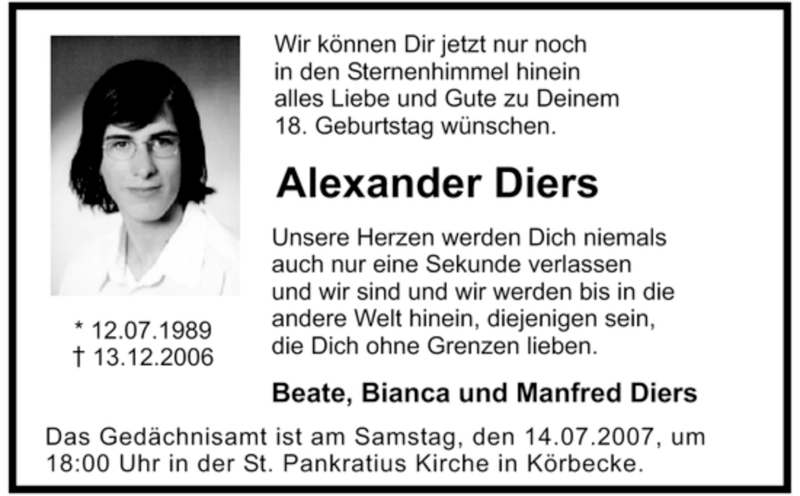  Traueranzeige für Alexander Diers vom 12.07.2007 aus Tageszeitung