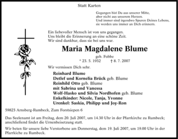 Traueranzeige von Maria Magdalene Blume von Tageszeitung