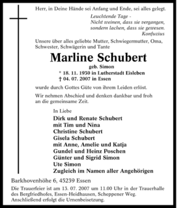 Traueranzeige von Marline Schubert von Tageszeitung