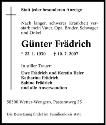 Traueranzeige von Günter Frädrich von Tageszeitung