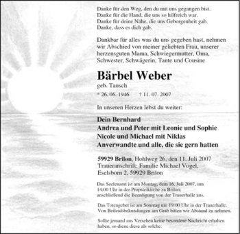 Traueranzeige von Bärbel Weber von Tageszeitung