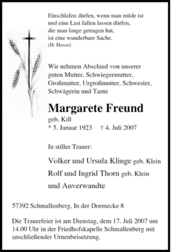 Traueranzeige von Margarete Freund von Tageszeitung