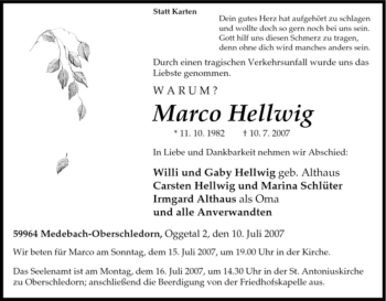 Traueranzeige von Marco Hellwig von Tageszeitung