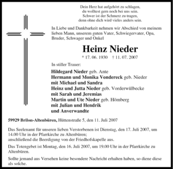 Traueranzeige von Heinz Nieder von Tageszeitung