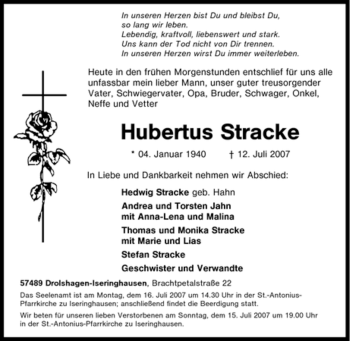 Traueranzeige von Hubertus Stracke von Tageszeitung